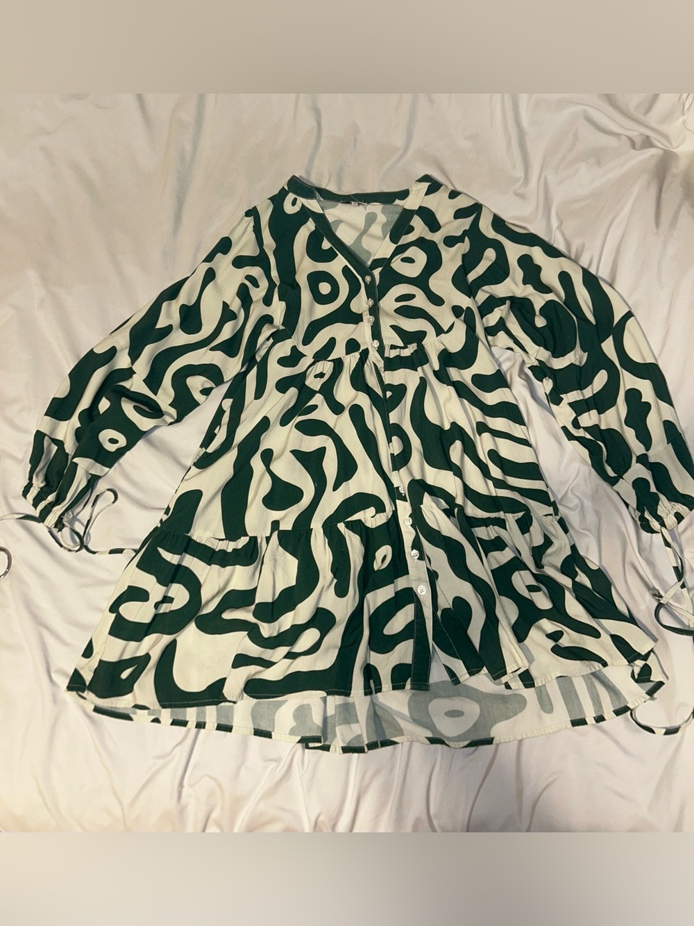 Green & Cream Printed Button-Front Women's Tunic Dress